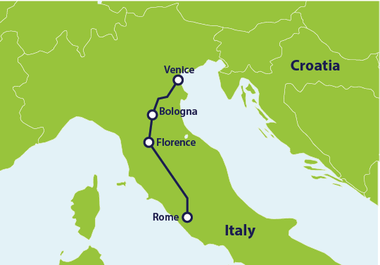 Map with train route Rome to Venice